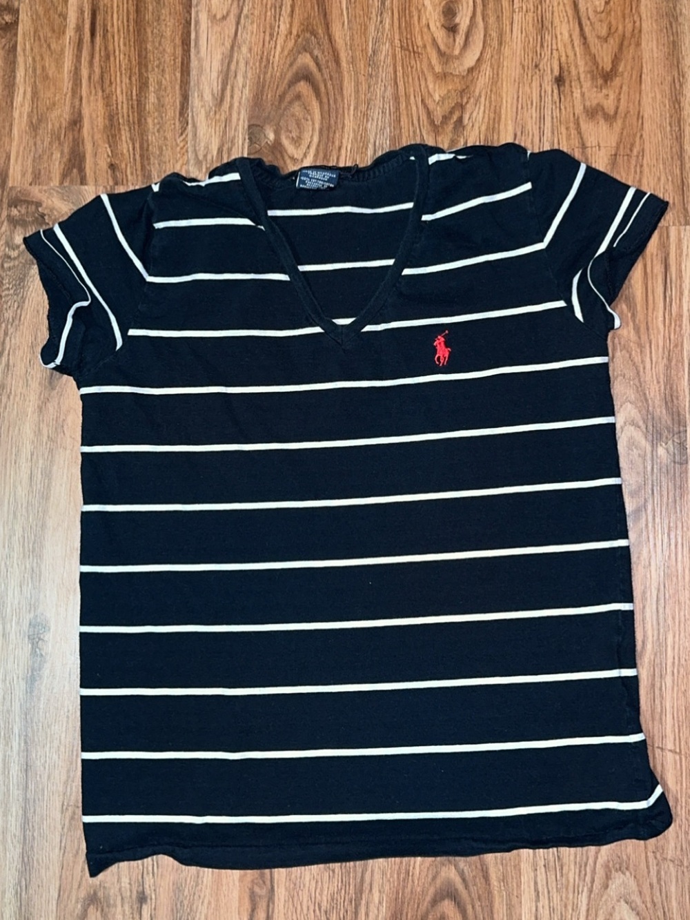 Black & White Vintage Ralph Lauren Sport Striped V-Neck Tee - M
 with Red Pony